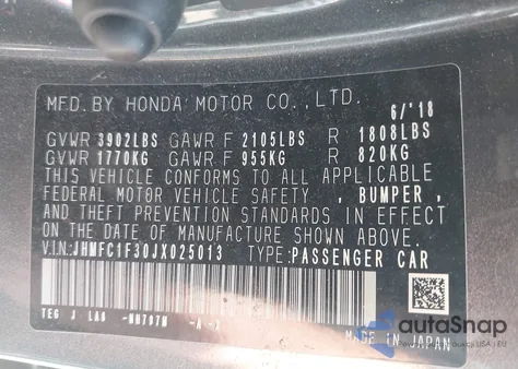 2018 Honda Civic Ex-T z USA, uszkodzony, nr VIN JHMFC1F30JX025013